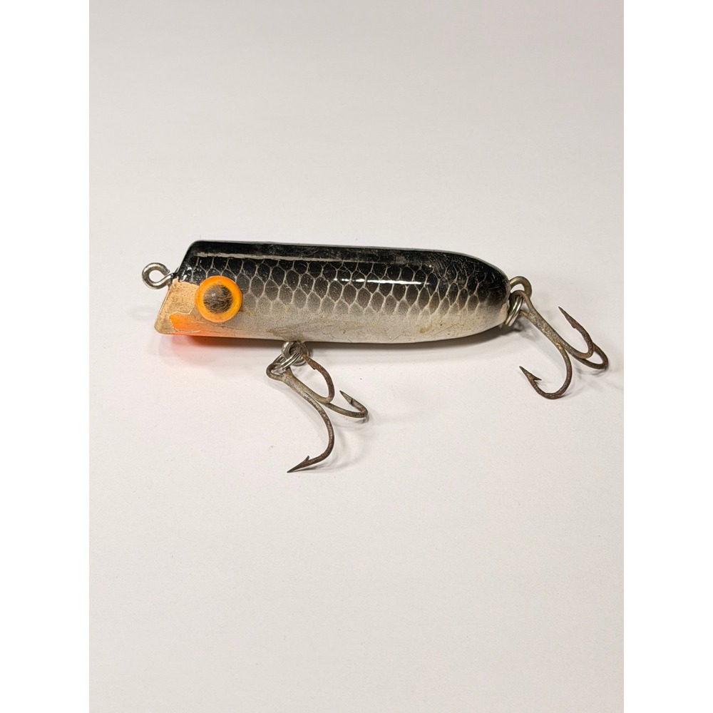 Vintage Wooden Topwater Popper Fishing Lure Black Scale Pattern Orange Eyes